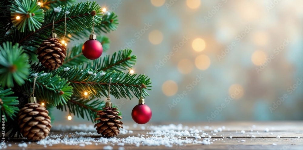 Fototapeta premium Wooden Christmas tree branch with snowflakes and pinecones hanging from it , copyspace, wooden