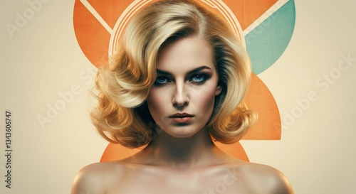 Blonde caucasian female with retro hairstyle and geometric background
