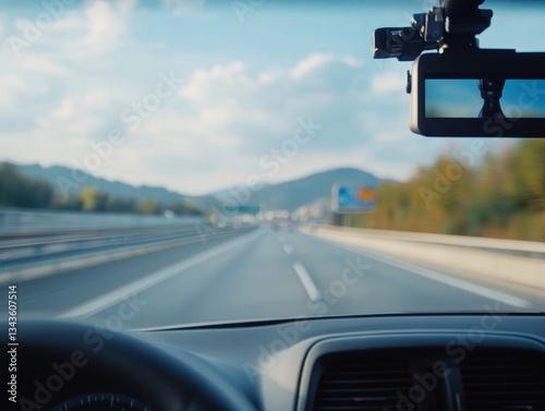 Highway Journey: A Driver's Perspective on the Open Road with Dashcam Recording the Scenic Route and Mountain Views Ahead