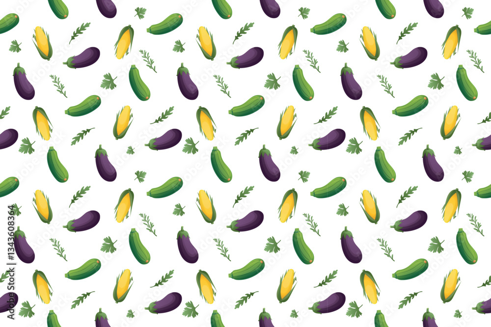 Seamless pattern with drawn vegetables. Eggplant, zucchini, arugula, corn, parsley. Vegan and healthy food. Farm organic products. Vector background.