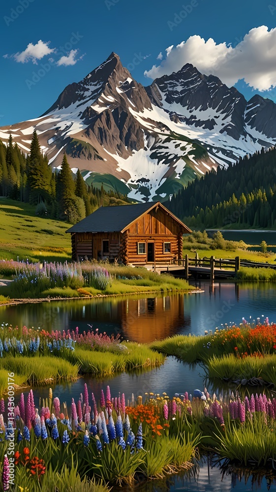 Fototapeta premium Alpine lake reflects summer sky and mountain trees