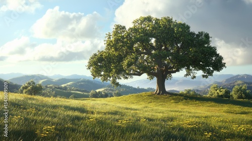 Valley oak tree on grassy landscape