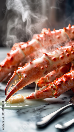 A tantalizing close-up shot of tender, perfectly cooked Antarctic king crab legs, their shells glistening under the refined lighting of a professional gourmet kitchen.