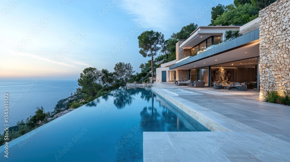 Fototapeta premium Exclusive cliffside villa with infinity pool offering captivating ocean views