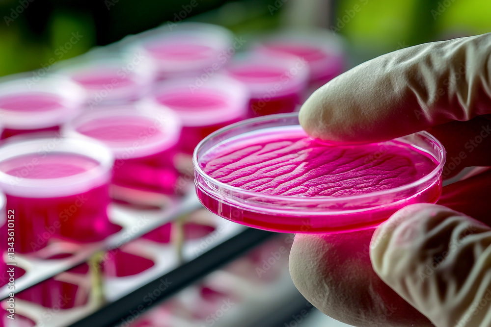 A close-up of a petri dish containing bacteria cultures under a microscope, symbolizing advanced microbiology research. The microorganisms, appearing as clusters, are analyzed in a medical lab