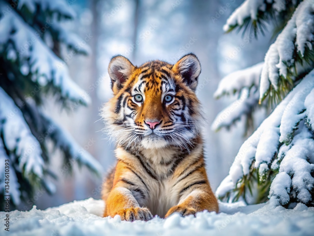 Obraz premium Adorable Siberian Tiger Cub Playing in Snowy Winter Wonderland - Stock Photo