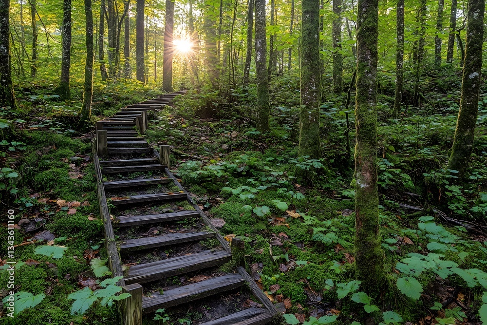 Obraz premium Sunlit Forest Staircase Path Mossy Trees Nature Walk