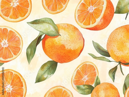 Radiant Orange Symphony: A Watercolor Dance of Citrus Delight and Freshness in Every Slice, a Vibrant Food Art Piece.