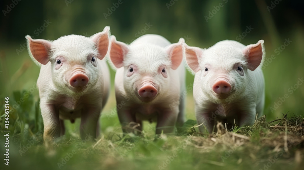 Three young pigs standing in a row on grass, looking curiously at the camera. Three young pigs standing in a row on grass, looking curiously at the camera.