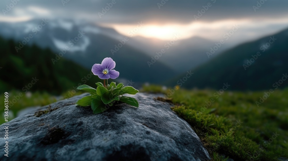 A lone violet flower atop a mountain rock, bathed in sunset light