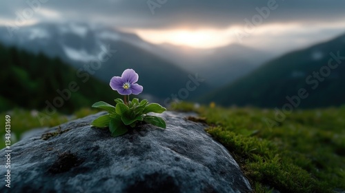 Obraz na płótnie A lone violet flower atop a mountain rock, bathed in sunset light w salonie