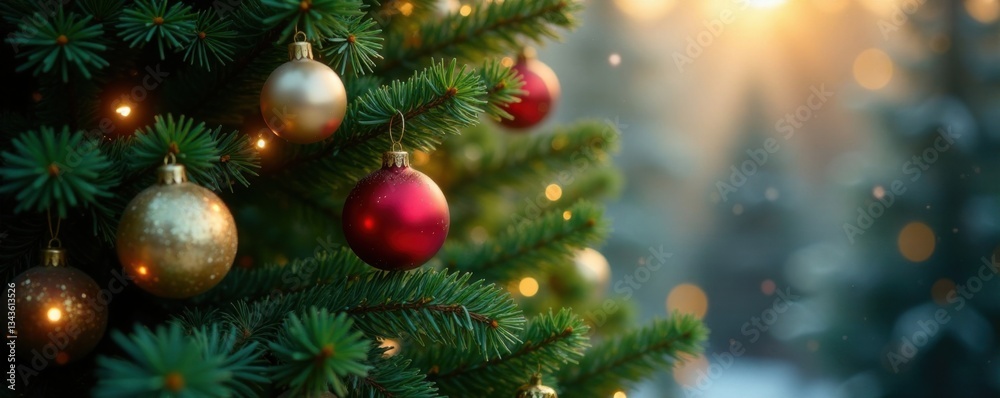 Dense evergreen tree with sparkling ornaments amidst soft glow, shiny lights, winter wonderland, tree Dense evergreen tree with sparkling ornaments amidst soft glow, shiny lights, winter wonderland, tree