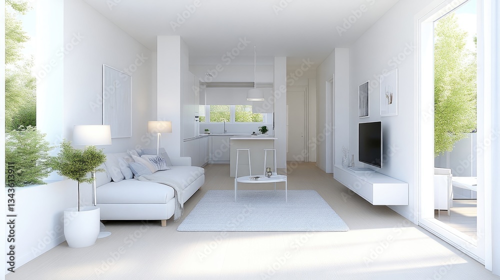 Modern open-plan living area with minimalist style. Light-filled space featuring a bright kitchen, sofa, and TV area