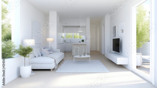 Obraz na płótnie Modern open-plan living area with minimalist style. Light-filled space featuring a bright kitchen, sofa, and TV area w salonie