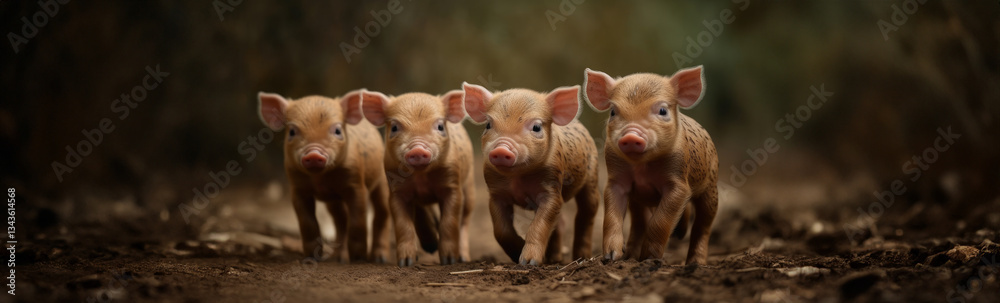 Four young pigs trotting towards the camera on a dirt path, surrounded by a blurred natural background. Four young pigs trotting towards the camera on a dirt path, surrounded by a blurred natural background.