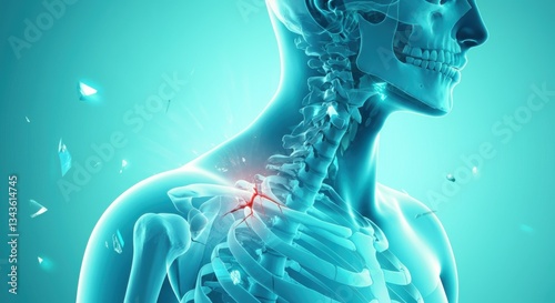 Detailed anatomy of human neck and shoulder with highlighted injury