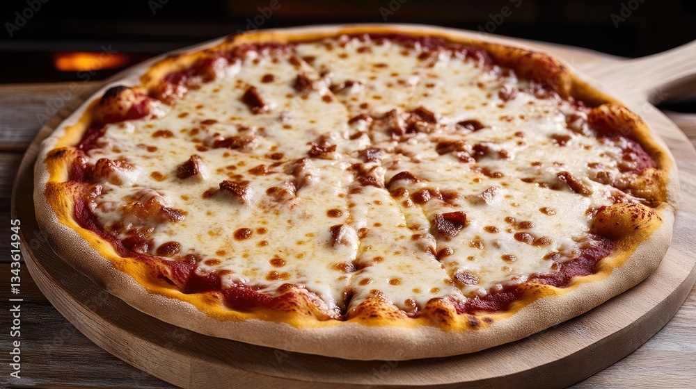 Delicious, cheesy pizza on a wooden board. Freshly baked, ready to eat