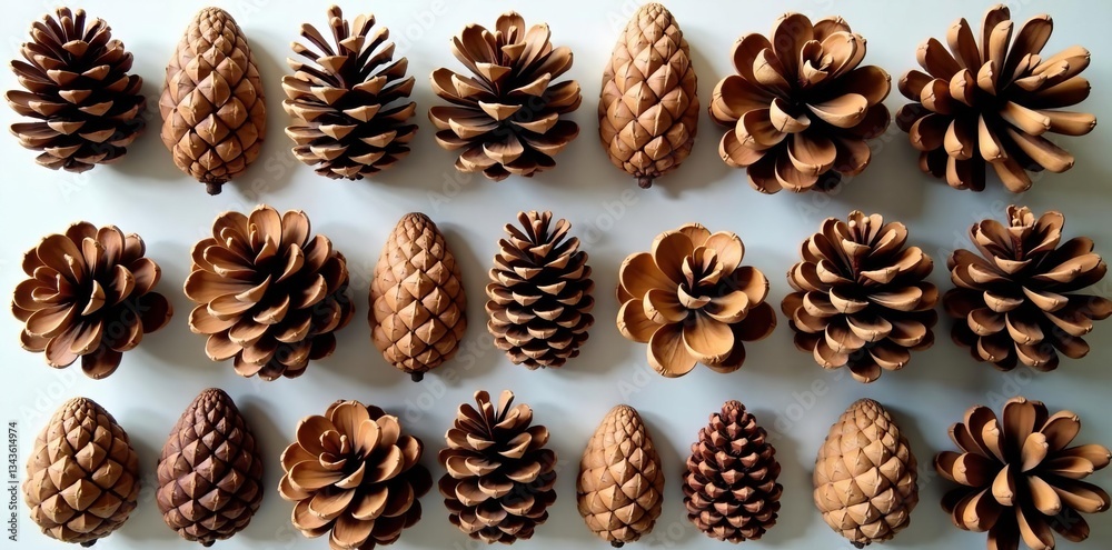 Collection of various pine cones in different shapes and sizes, group, set, botanical Collection of various pine cones in different shapes and sizes, group, set, botanical