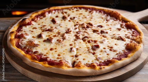 Obraz na płótnie Delicious, cheesy pizza on a wooden board. Freshly baked, ready to eat w salonie