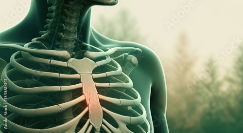 Human rib cage and sternum anatomy with forest background