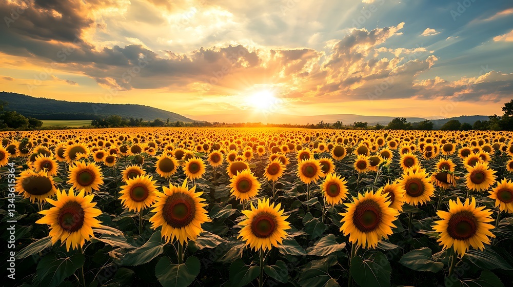 Obraz premium Sunflower field at sunset. Beautiful summer landscape with sunflowers.