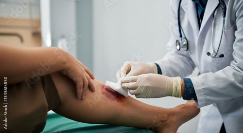 Medical professional treating wound on adult leg in clinical setting