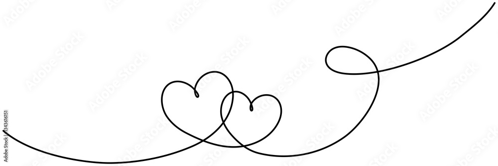 Two hearts continuous line art drawing. Double heart wavy line. Love relationship concept. Vector hand drawn illustration isolated on white. Two hearts continuous line art drawing. Double heart wavy line. Love relationship concept. Vector hand drawn illustration isolated on white.