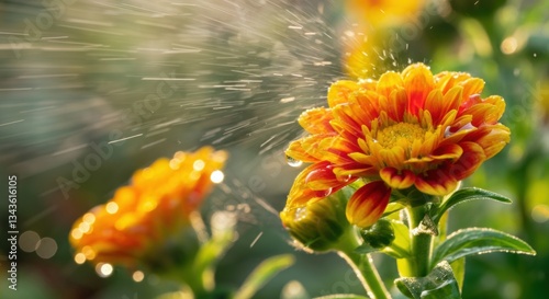 Vibrant orange chrysanthemums glistening in sunlight with water droplets