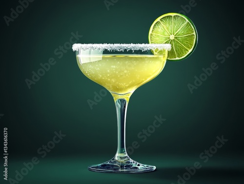 Elegant Margarita Cocktail with Lime Slice and Salt Rim: A Refreshing Alcoholic Beverage for Celebrations and Leisure, Perfect for Bar or Restaurant Menus