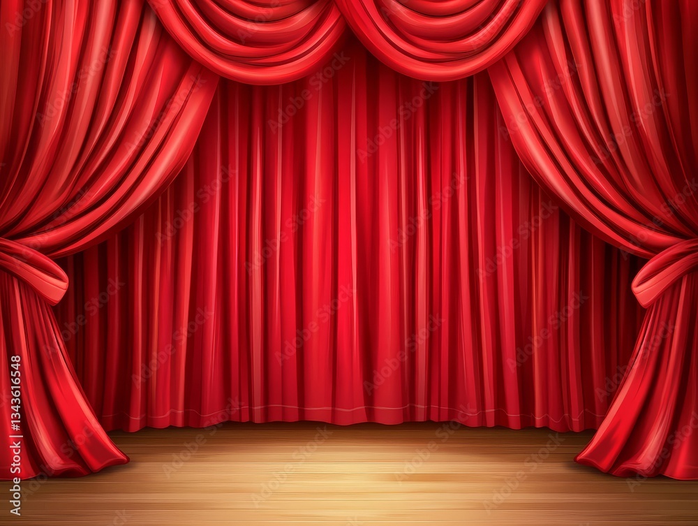 Fototapeta premium Opulent Red Stage Curtain: A Classic Theatrical Backdrop for Performance and Elegant Event Presentations, with Polished Wooden Floor