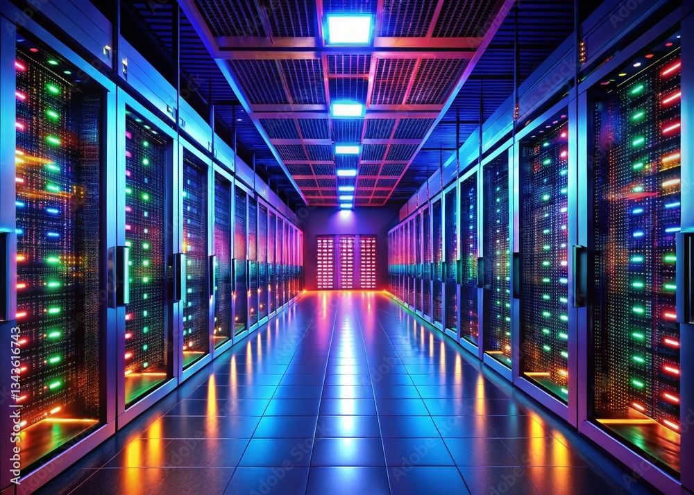 Fototapeta premium Advanced Cloud Servers: Dark Data Center with Illuminated Data Signal Lights - Cutting-Edge Digital Information Management and Hosting