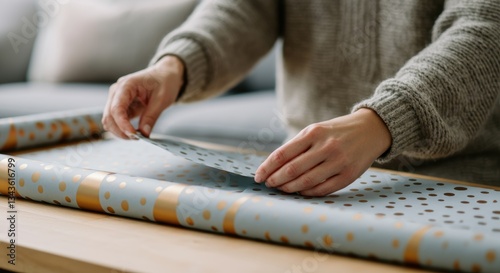 Female wrapping gift with polka dot paper on wooden table