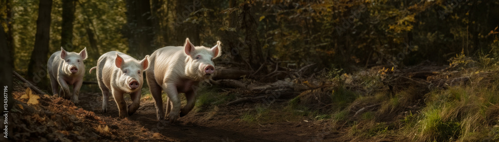 Three pigs walking through a forest path with sunlight filtering through the trees. Three pigs walking through a forest path with sunlight filtering through the trees.