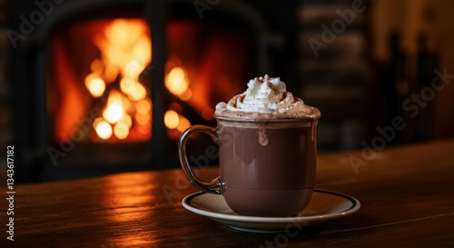 Cozy hot chocolate with whipped cream near fireplace ambiance
