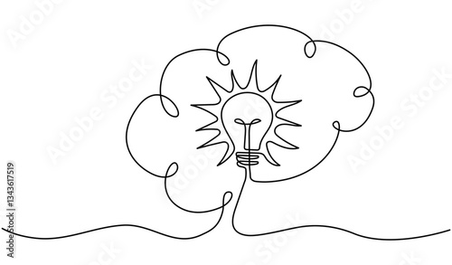 Light bulb inside human brain continuous line art drawing.  Creative idea and insight symbol. Wisdom concept.Intellectual property sign. Vector illustration isolated on white.