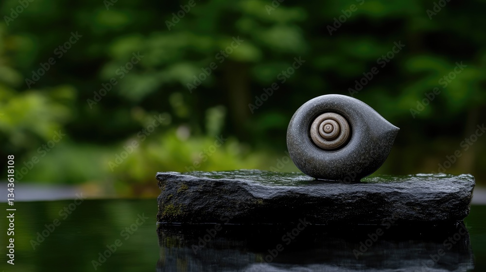 A stone sculpture of a shell rests on a rock, reflecting in a tranquil pool, surrounded by greenery