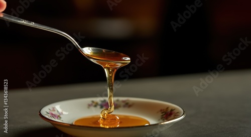 Golden honey dripping from spoon into floral dish