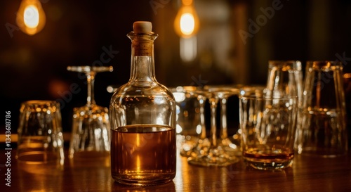 Elegant whiskey bar with assorted glassware and warm lighting ambiance