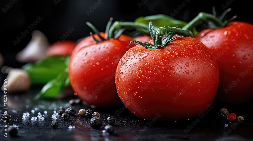 Fresh, juicy tomatoes with water droplets