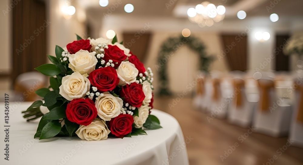 Obraz premium Luxurious wedding bouquet of roses: red and white flowers on the background of the wedding hall