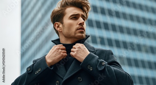 Young caucasian male in stylish coat against urban cityscape background
