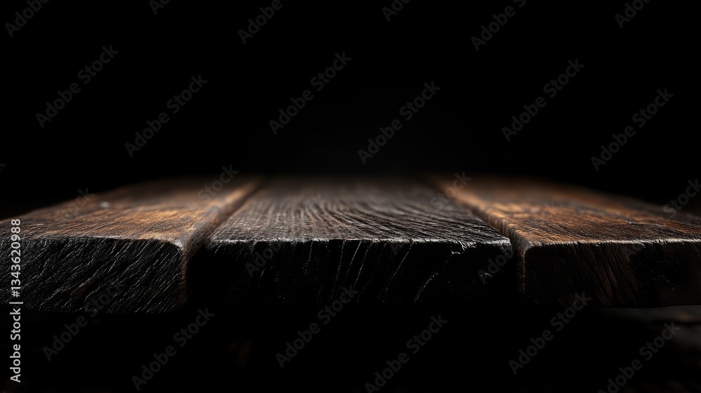 Rustic wooden table top, dark background