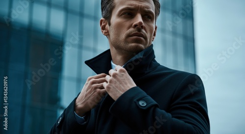 Confident young caucasian male in business attire standing outside modern building