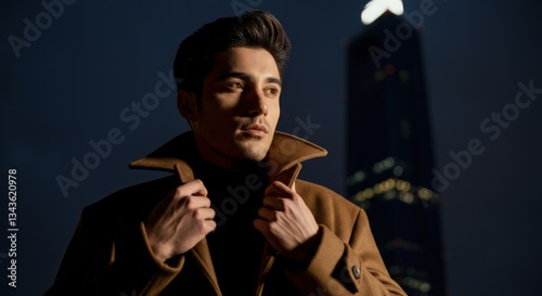 Young caucasian male in brown coat during nighttime cityscape