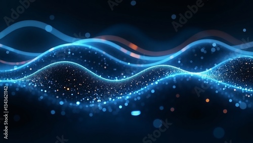 Abstract digital wave background with glowing particles and vibrant blue tones 