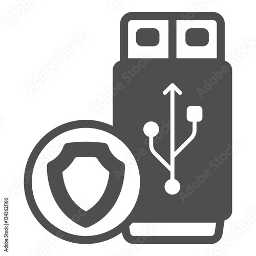 Flash drive with emblem solid icon, data storage concept. Vector graphics. Portable disk drive sign on white background, glyph style icon for mobile or web design.