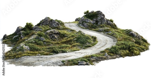 Mountain path winding through a grassy knoll