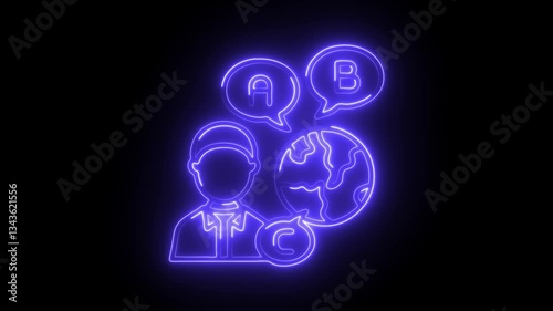 Glowing neon multilingual icon isolated on black background. HD Video motion graphic animation