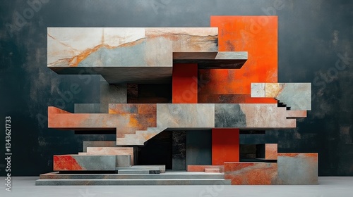 Obraz na płótnie Abstract architectural structure, composed of various stone and metal-like materials in a modern style. Features layered forms, steps, and a bold color accent w salonie