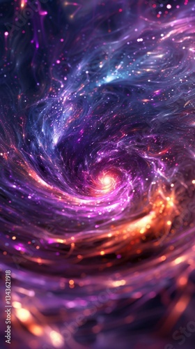 A vibrant, swirling galaxy with shades of purple, blue, and orange, depicting cosmic elements and the beauty of the universe.